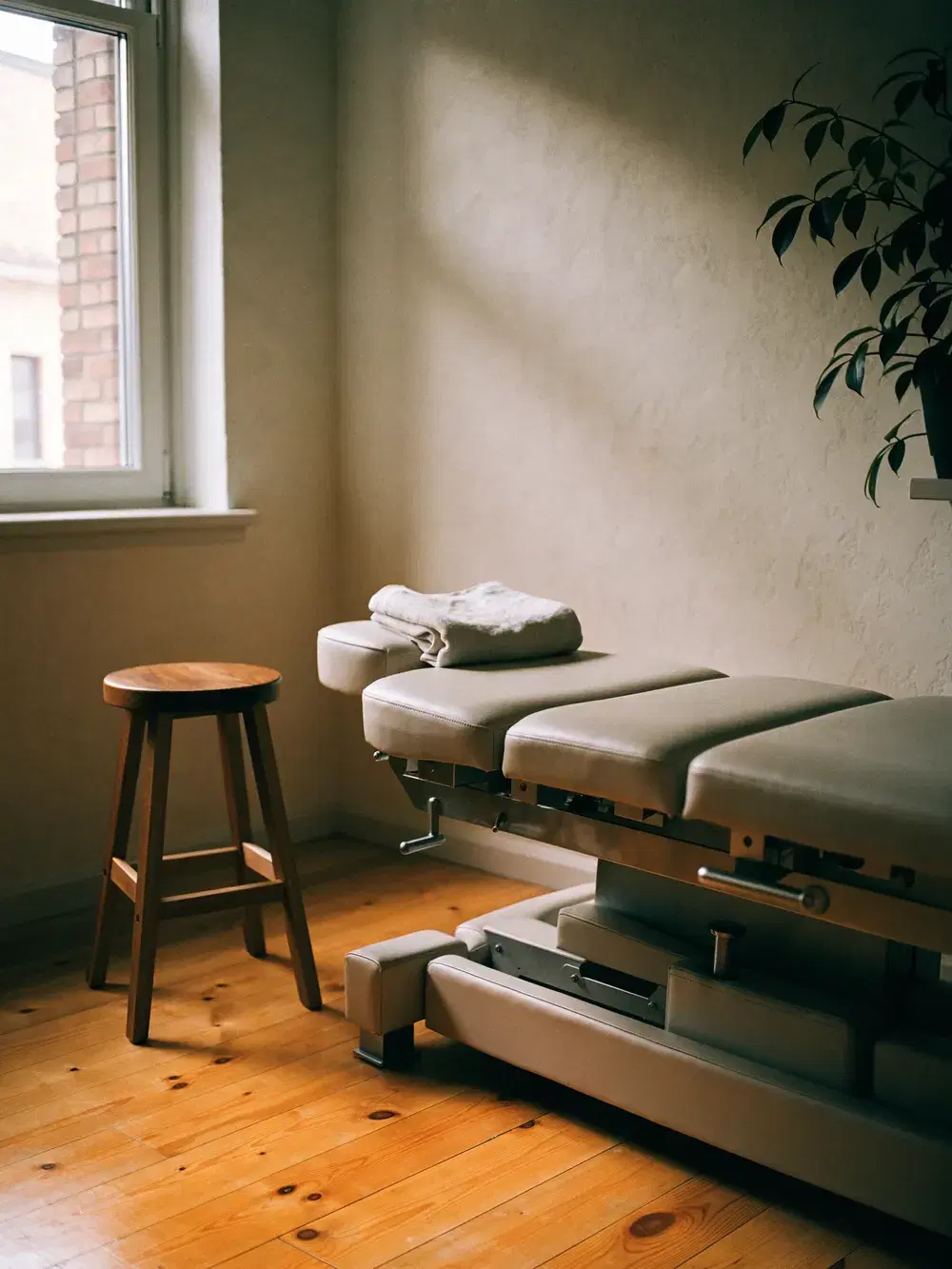 A chiropractic treatment room with an adjustment table, warm daylight from the window